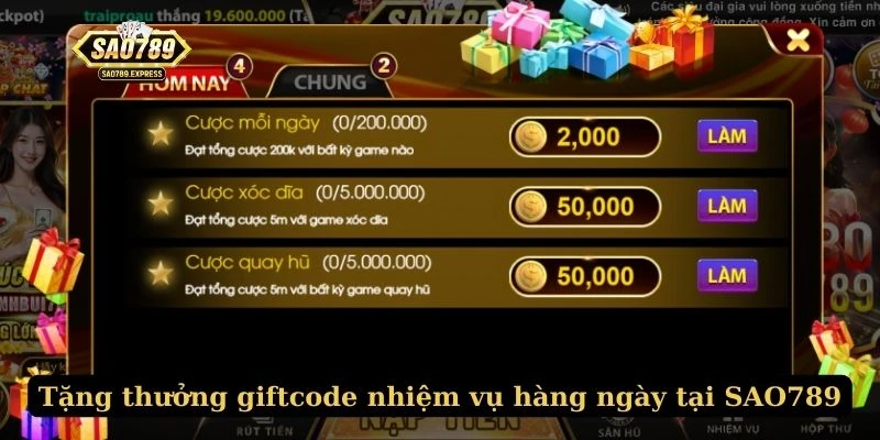 Tặng thưởng giftcode nhiệm vụ hàng ngày tại SAO789